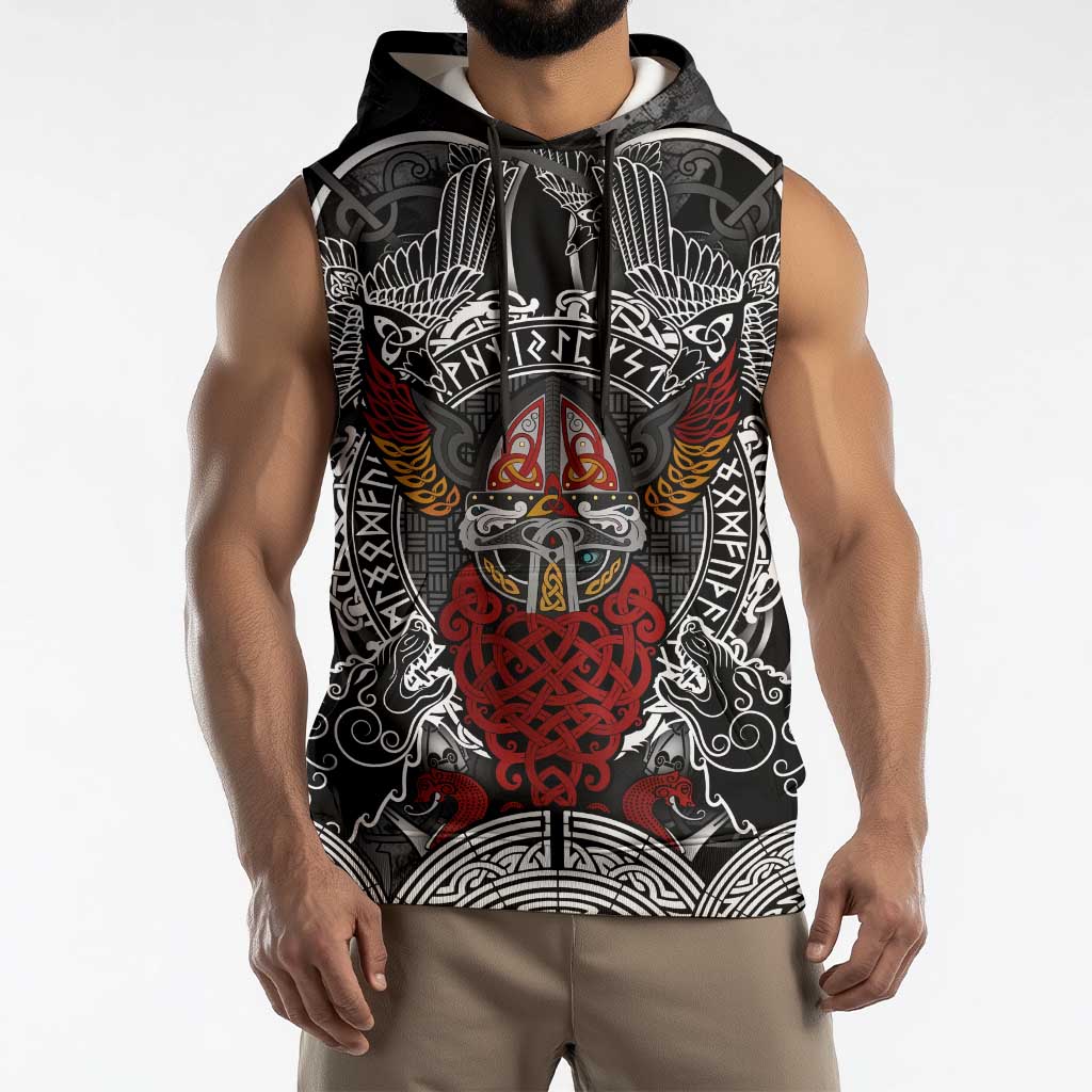 Viking Berserker and Valknut Norse Mythology Sleeveless Hoodie Red and Black Celtic Knotwork Art