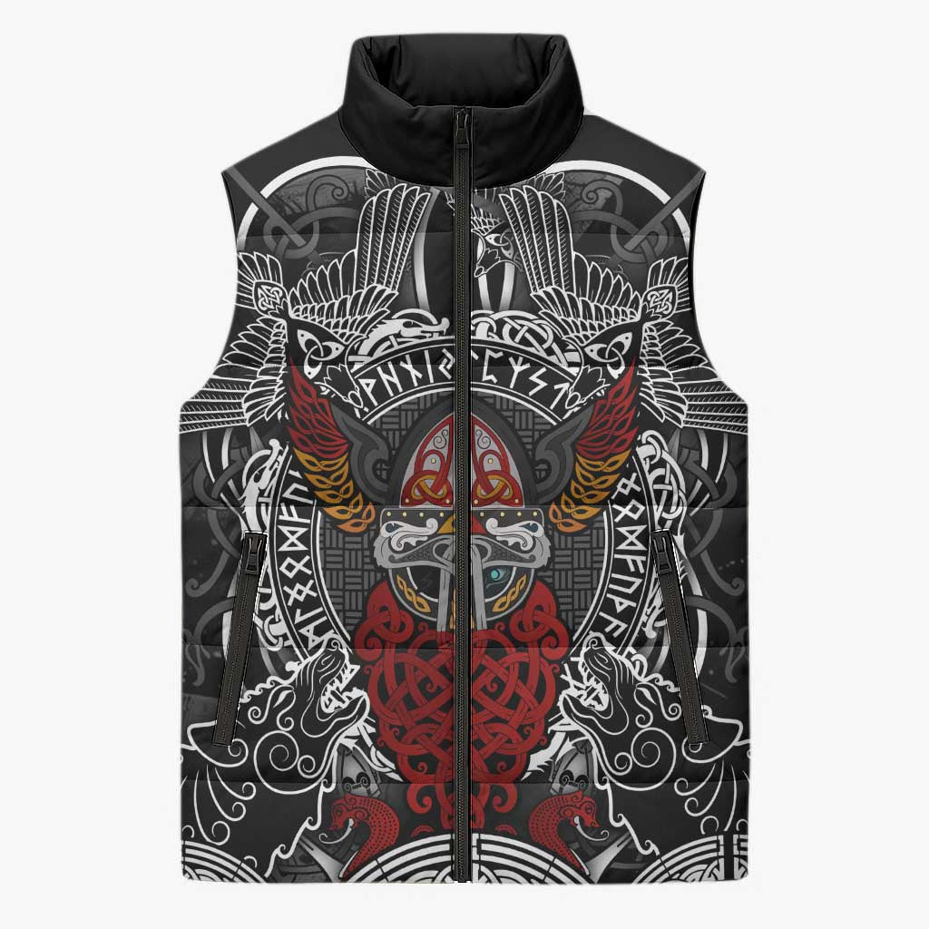 Viking Berserker and Valknut Norse Mythology Sleeveless Puffer Jacket Red and Black Celtic Knotwork Art