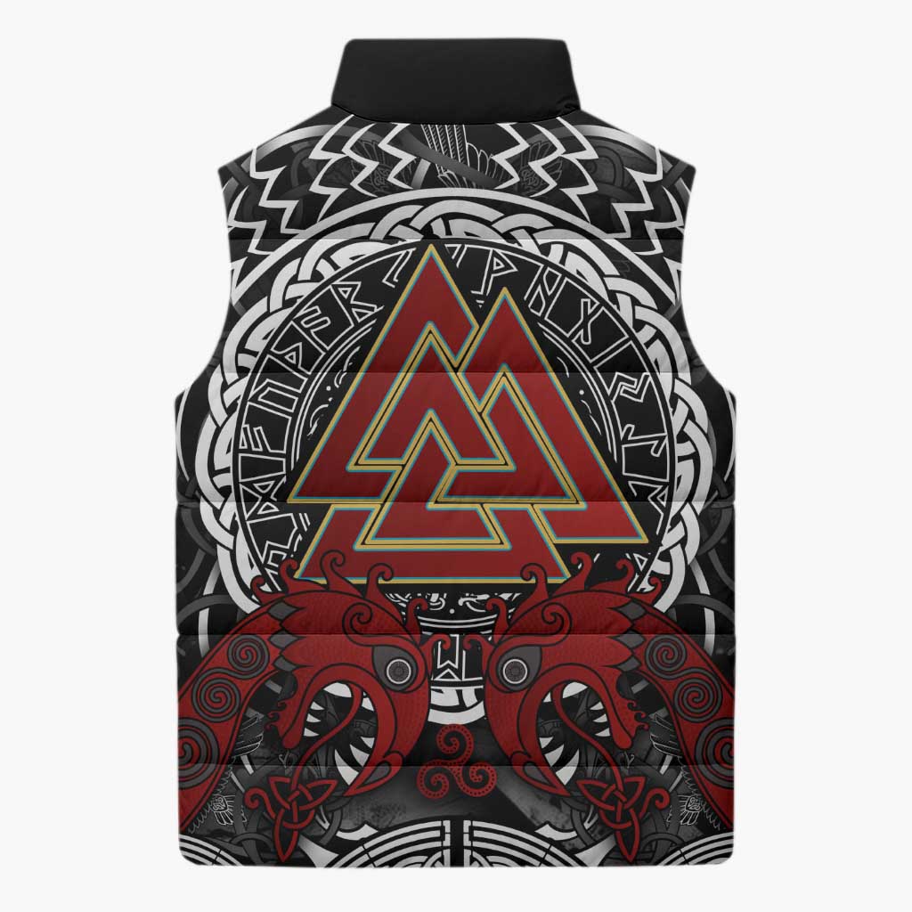 Viking Berserker and Valknut Norse Mythology Sleeveless Puffer Jacket Red and Black Celtic Knotwork Art