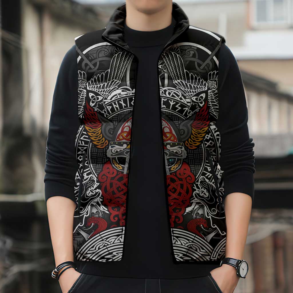 Viking Berserker and Valknut Norse Mythology Sleeveless Puffer Jacket Red and Black Celtic Knotwork Art