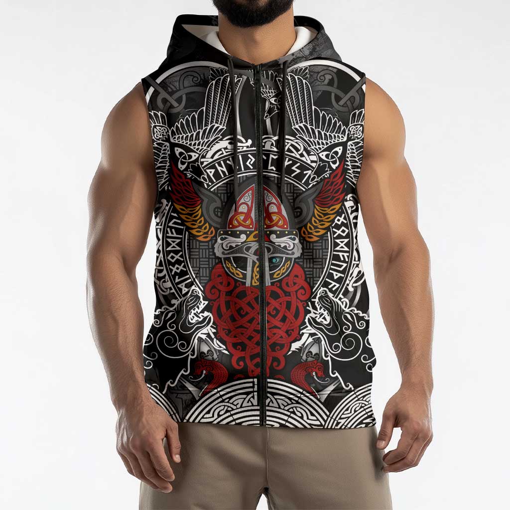 Viking Berserker and Valknut Norse Mythology Sleeveless Zip Hoodie Red and Black Celtic Knotwork Art