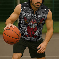 Viking Berserker and Valknut Norse Mythology Sleeveless Zip Hoodie Red and Black Celtic Knotwork Art