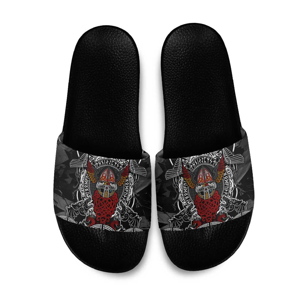 Viking Berserker and Valknut Norse Mythology Slide Sandals Red and Black Celtic Knotwork Art