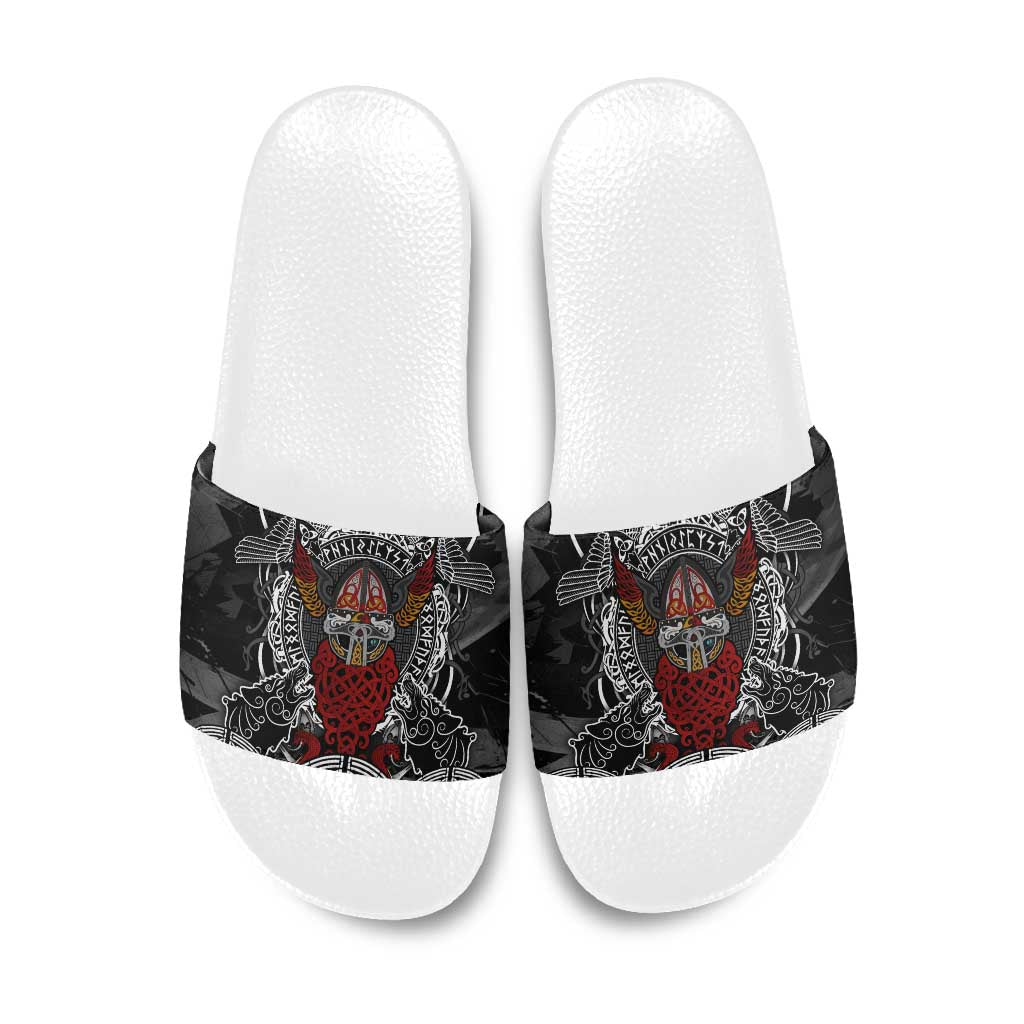 Viking Berserker and Valknut Norse Mythology Slide Sandals Red and Black Celtic Knotwork Art