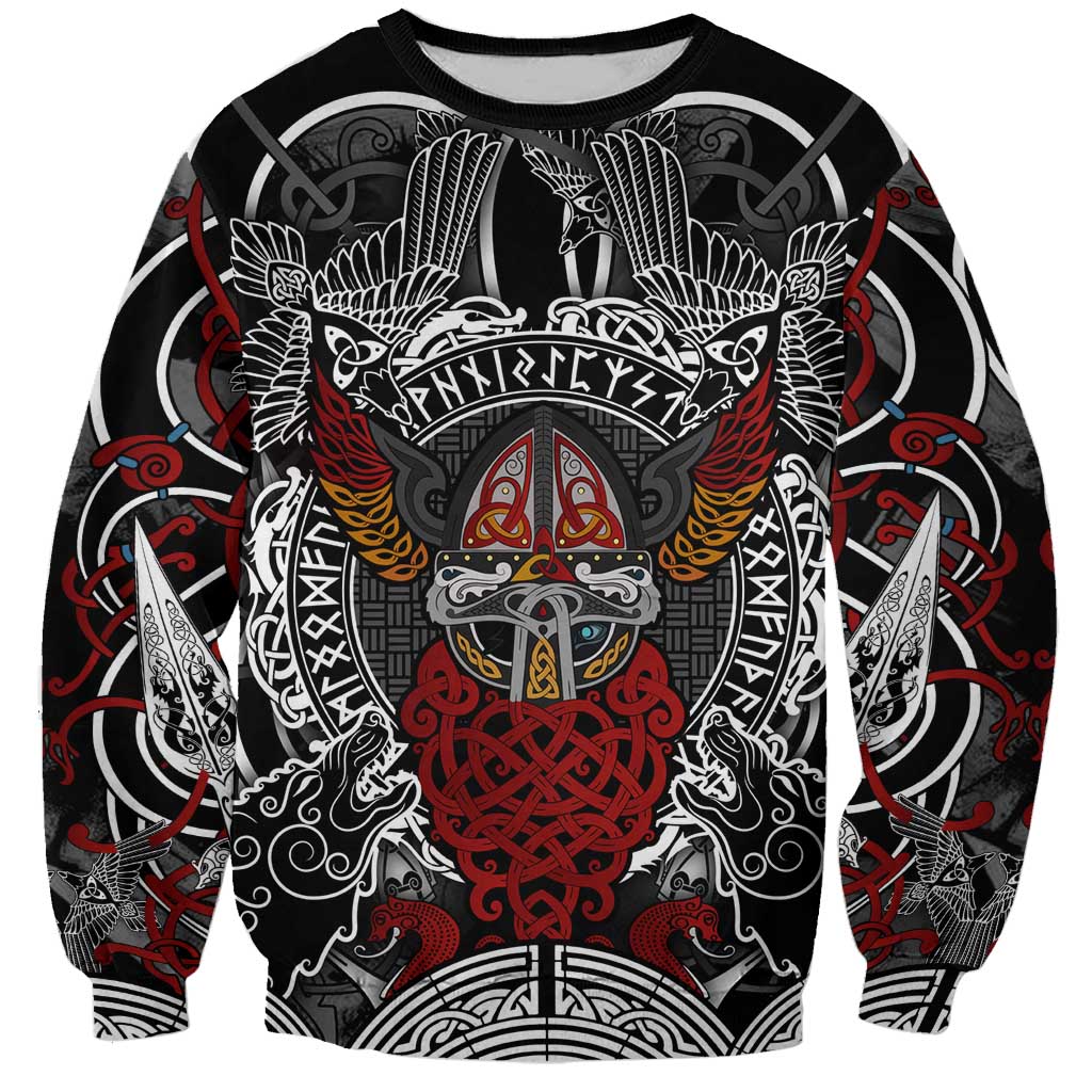 Viking Berserker and Valknut Norse Mythology Sweatshirt Red and Black Celtic Knotwork Art