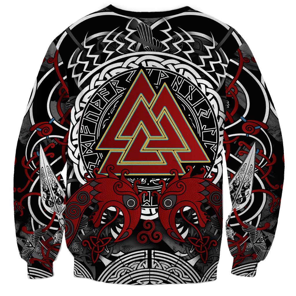 Viking Berserker and Valknut Norse Mythology Sweatshirt Red and Black Celtic Knotwork Art