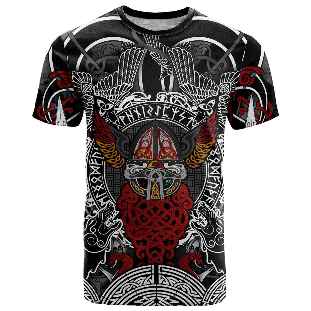 Viking Berserker and Valknut Norse Mythology T Shirt Red and Black Celtic Knotwork Art