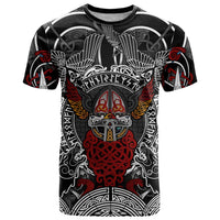 Viking Berserker and Valknut Norse Mythology T Shirt Red and Black Celtic Knotwork Art