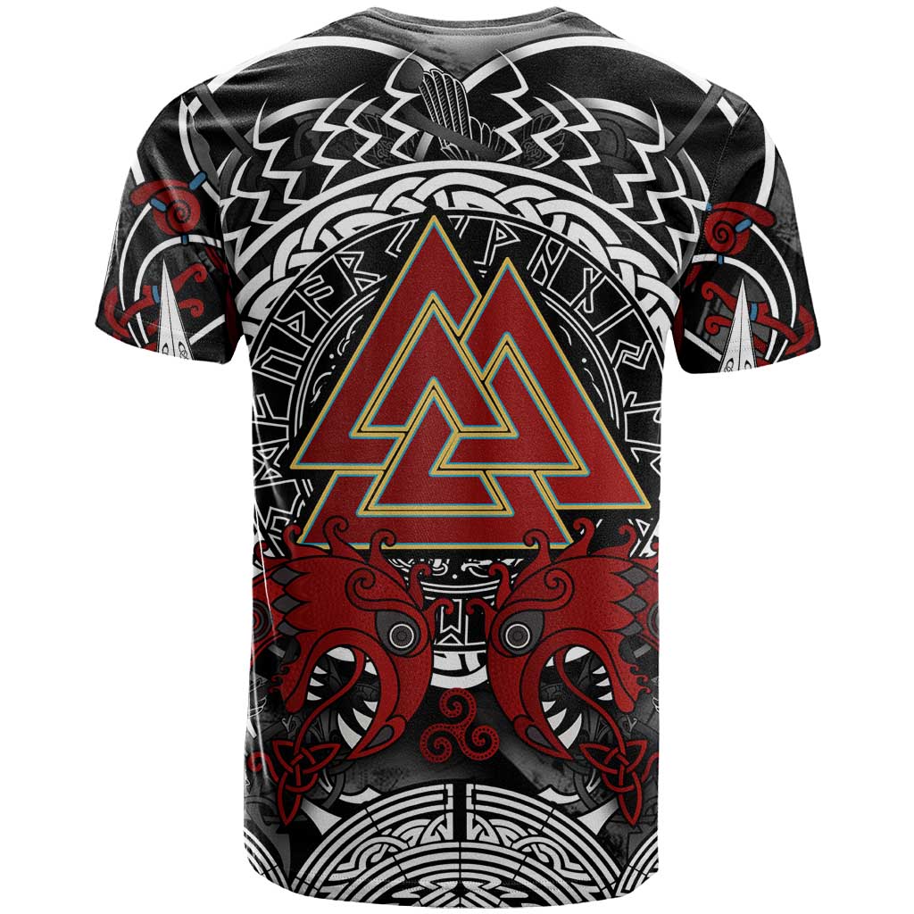 Viking Berserker and Valknut Norse Mythology T Shirt Red and Black Celtic Knotwork Art