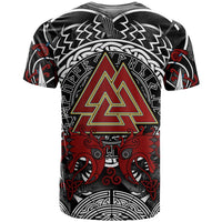 Viking Berserker and Valknut Norse Mythology T Shirt Red and Black Celtic Knotwork Art