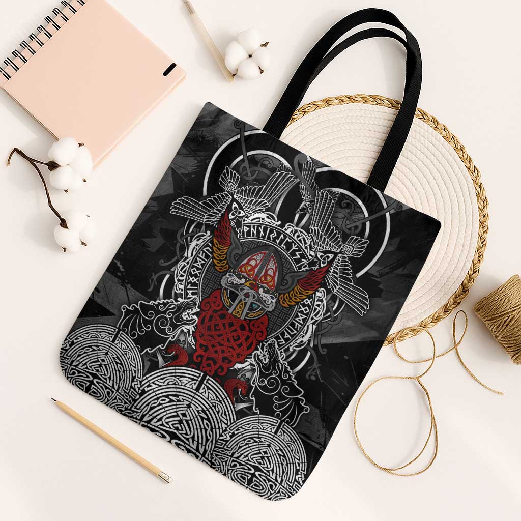 Viking Berserker and Valknut Norse Mythology Tote Bag Red and Black Celtic Knotwork Art