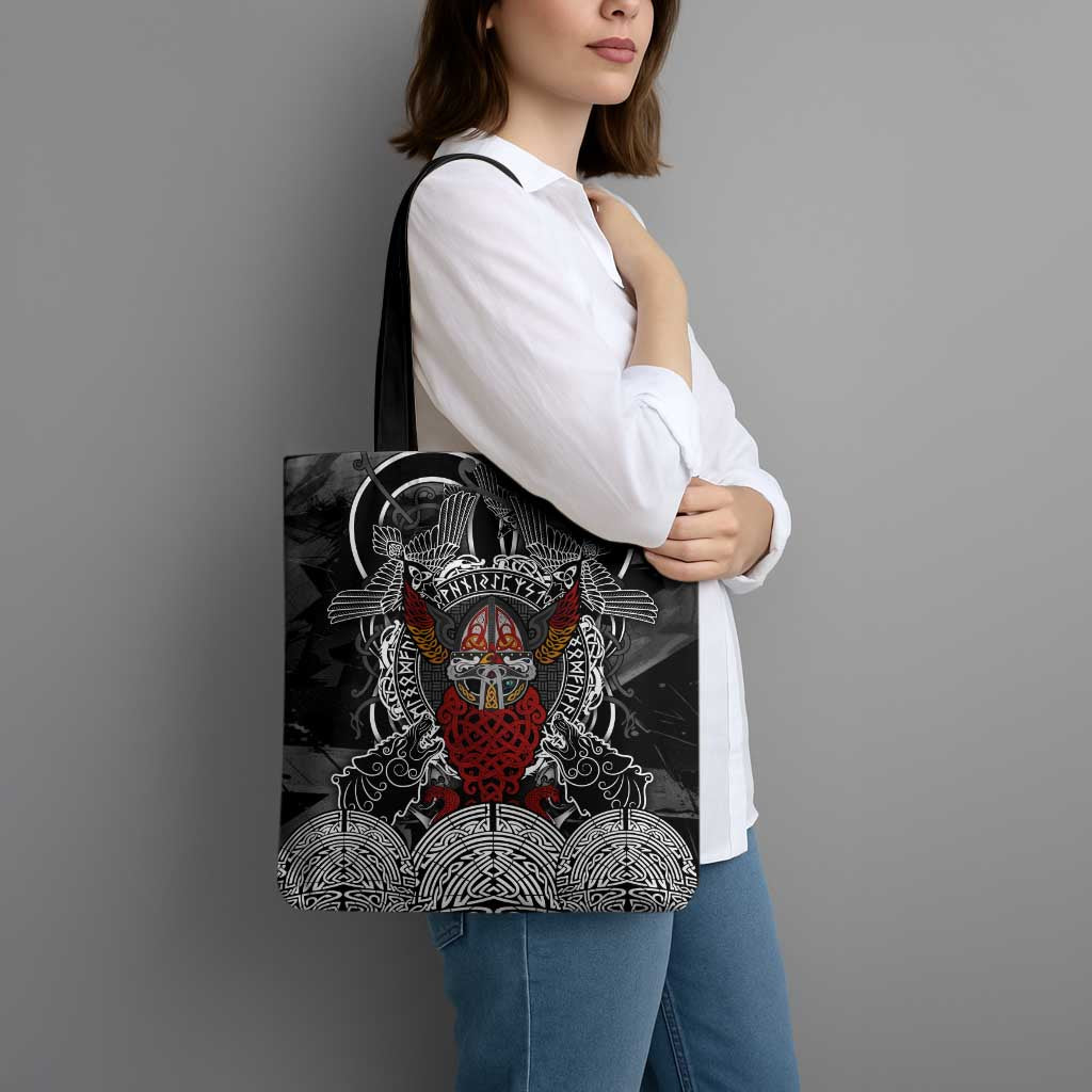 Viking Berserker and Valknut Norse Mythology Tote Bag Red and Black Celtic Knotwork Art