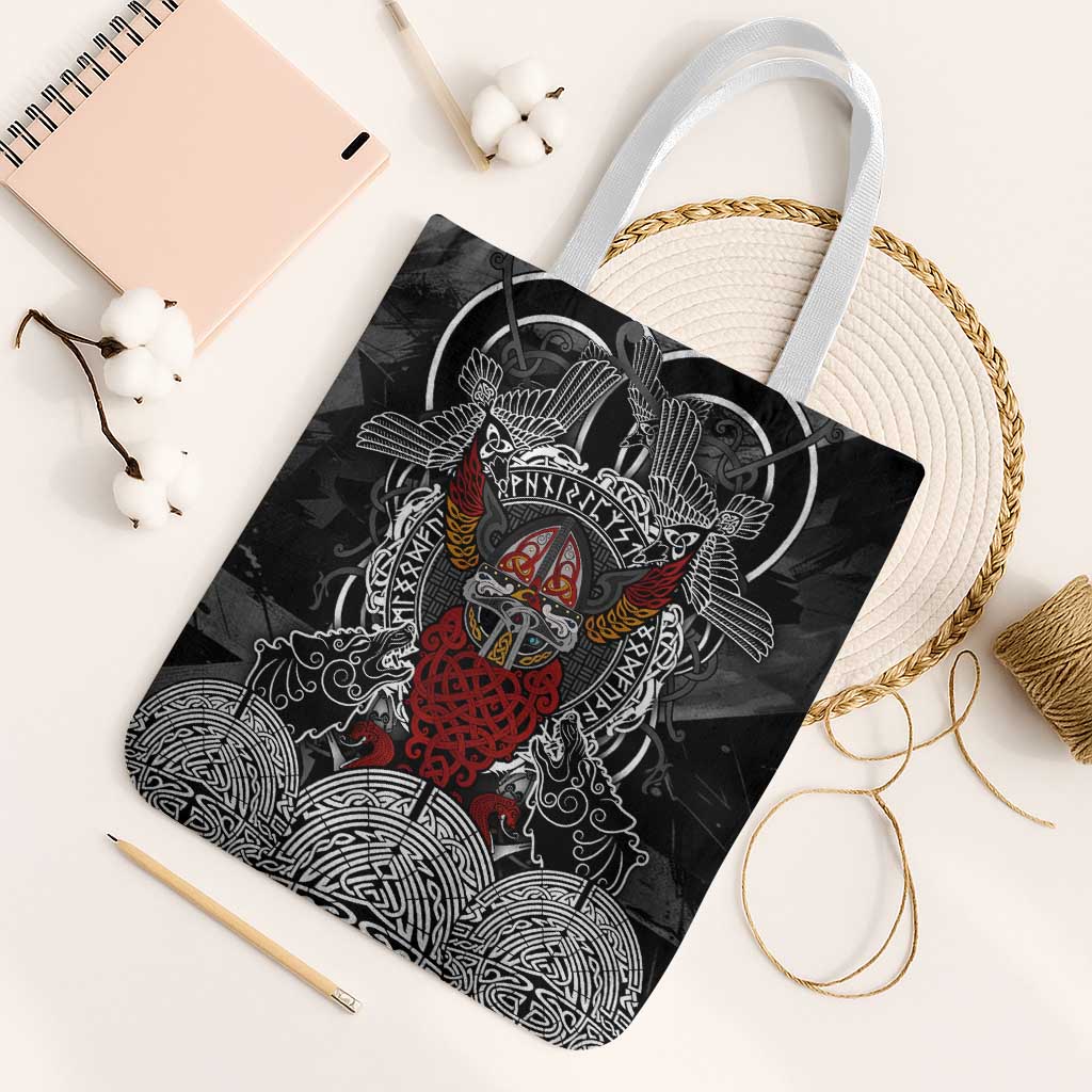 Viking Berserker and Valknut Norse Mythology Tote Bag Red and Black Celtic Knotwork Art