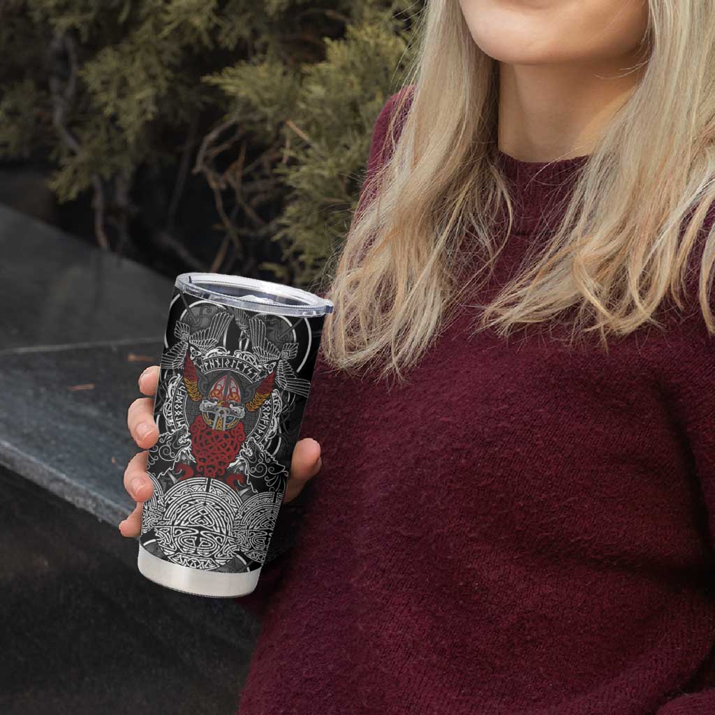 Viking Berserker and Valknut Norse Mythology Tumbler Cup Red and Black Celtic Knotwork Art