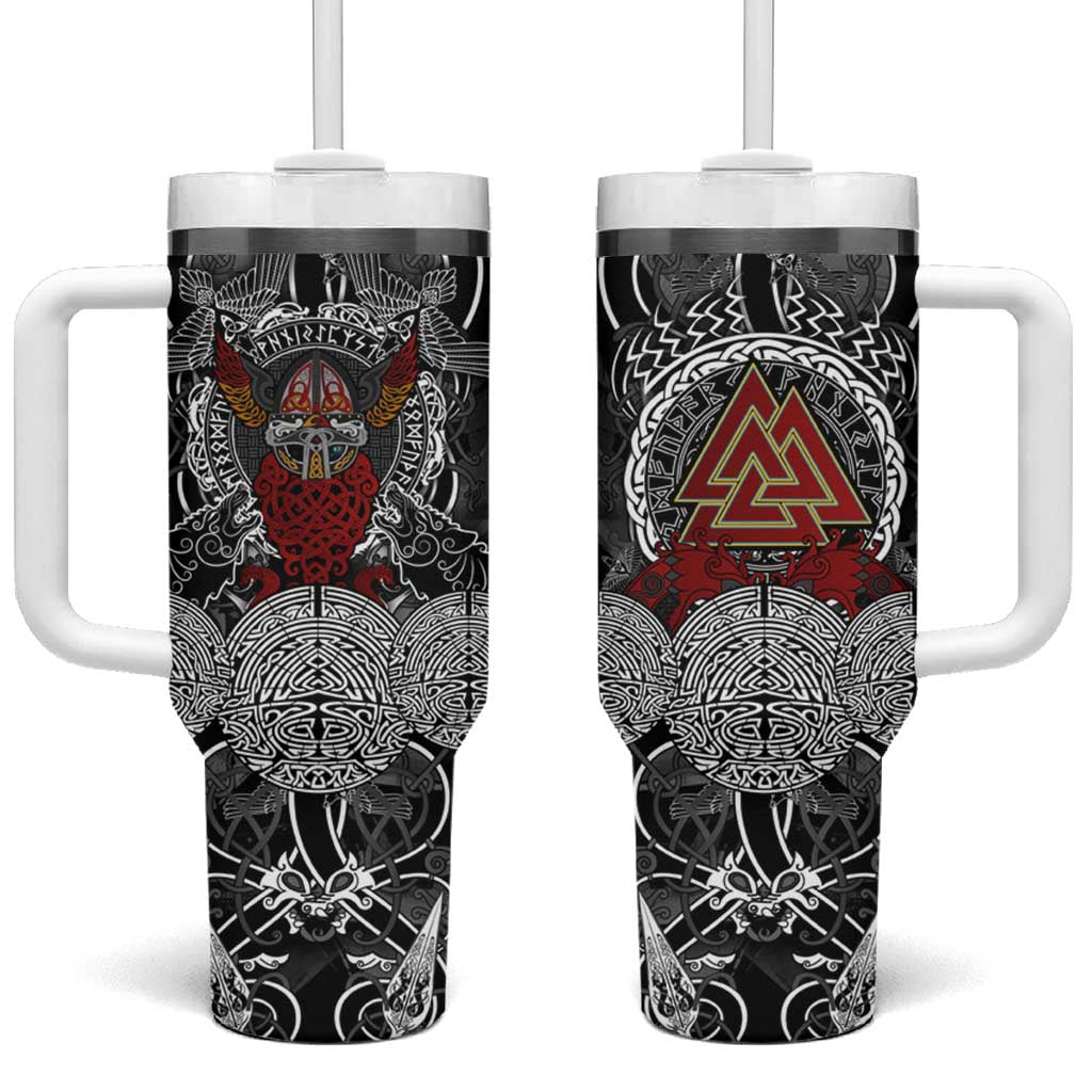 Viking Berserker and Valknut Norse Mythology Tumbler With Handle Red and Black Celtic Knotwork Art