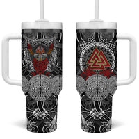 Viking Berserker and Valknut Norse Mythology Tumbler With Handle Red and Black Celtic Knotwork Art