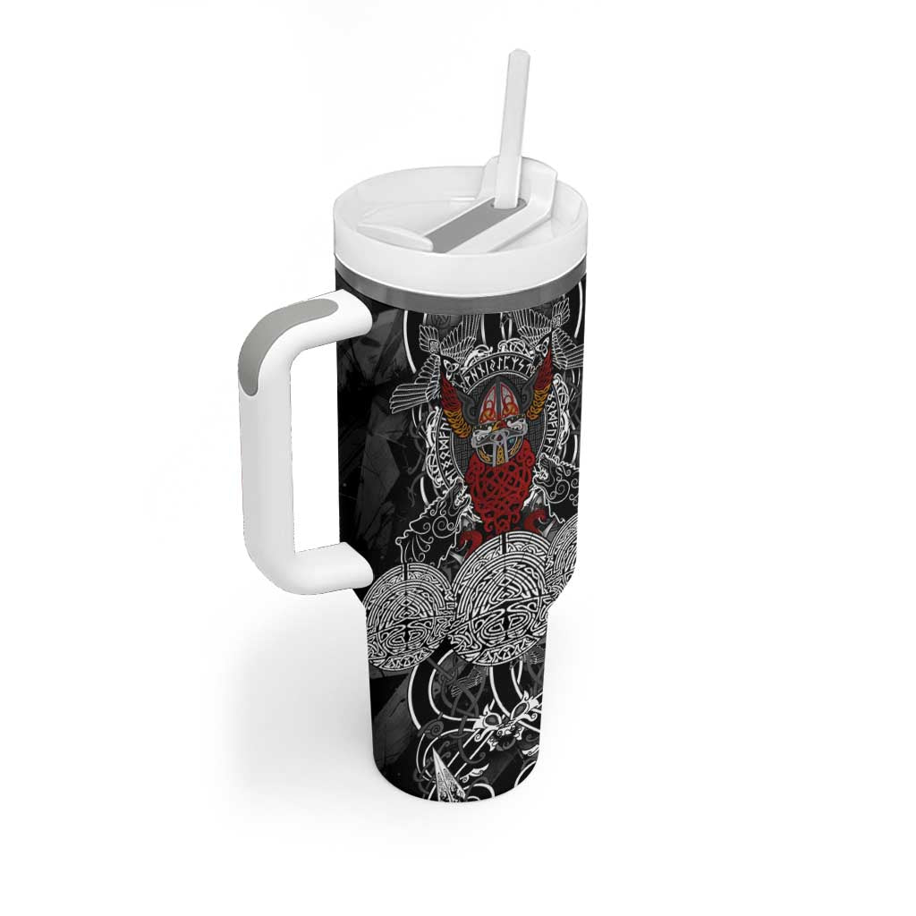 Viking Berserker and Valknut Norse Mythology Tumbler With Handle Red and Black Celtic Knotwork Art