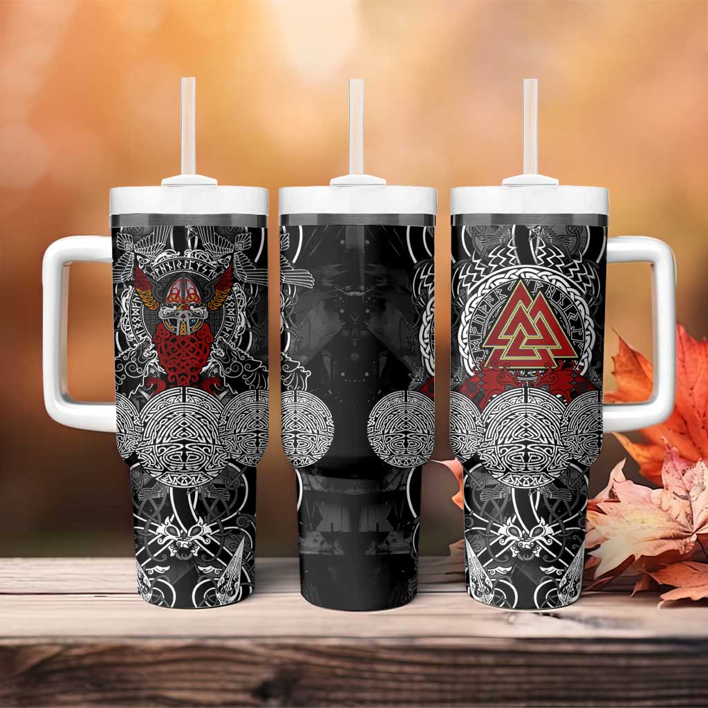 Viking Berserker and Valknut Norse Mythology Tumbler With Handle Red and Black Celtic Knotwork Art