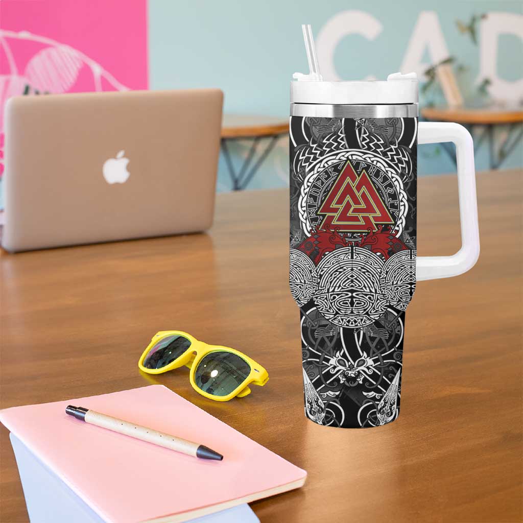 Viking Berserker and Valknut Norse Mythology Tumbler With Handle Red and Black Celtic Knotwork Art