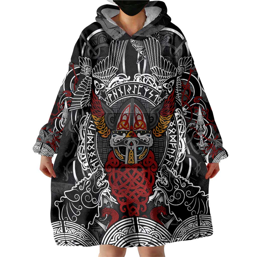 Viking Berserker and Valknut Norse Mythology Wearable Blanket Hoodie Red and Black Celtic Knotwork Art