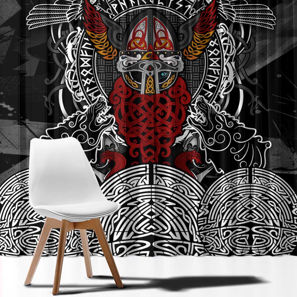 Viking Berserker and Valknut Norse Mythology Window Curtain Red and Black Celtic Knotwork Art