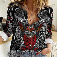 Viking Berserker and Valknut Norse Mythology Women Casual Shirt Red and Black Celtic Knotwork Art