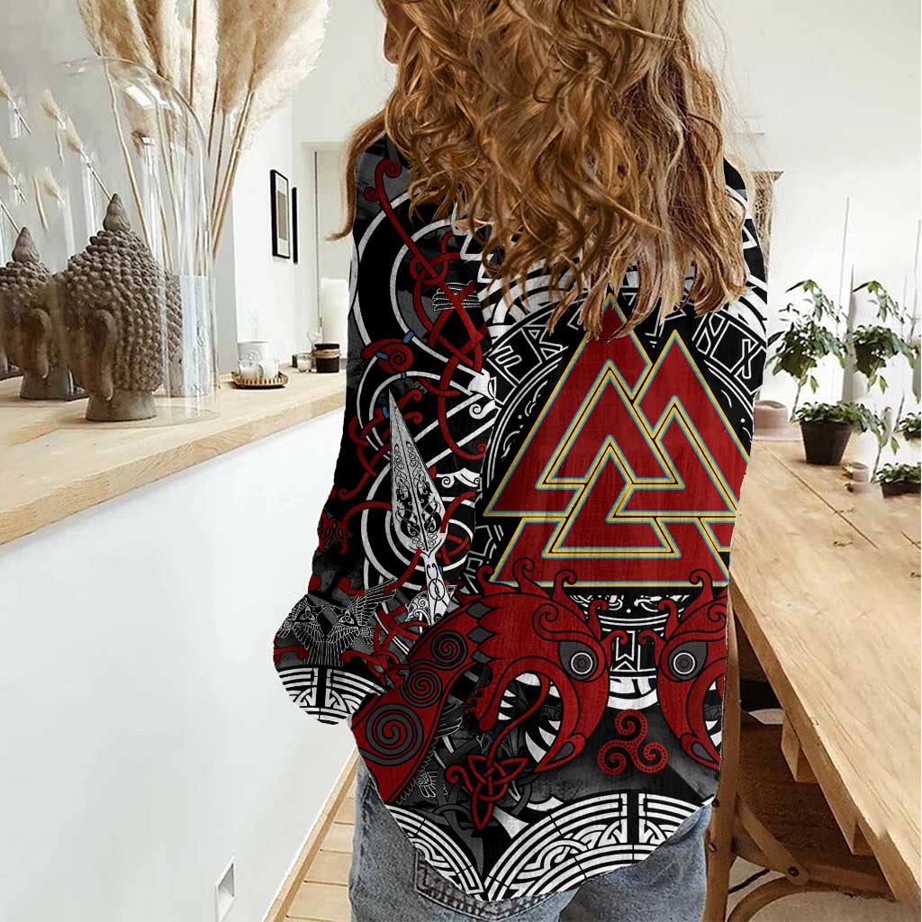 Viking Berserker and Valknut Norse Mythology Women Casual Shirt Red and Black Celtic Knotwork Art