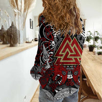Viking Berserker and Valknut Norse Mythology Women Casual Shirt Red and Black Celtic Knotwork Art