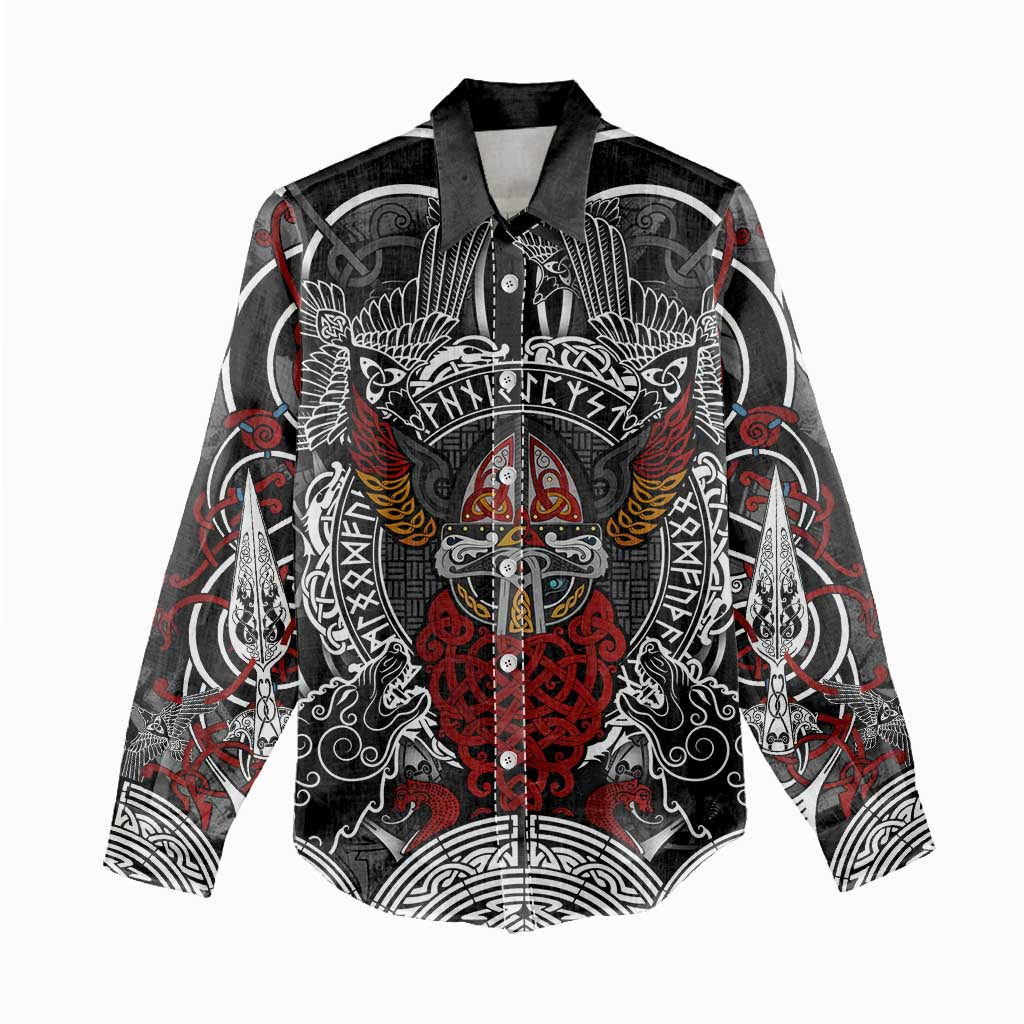 Viking Berserker and Valknut Norse Mythology Women Casual Shirt Red and Black Celtic Knotwork Art