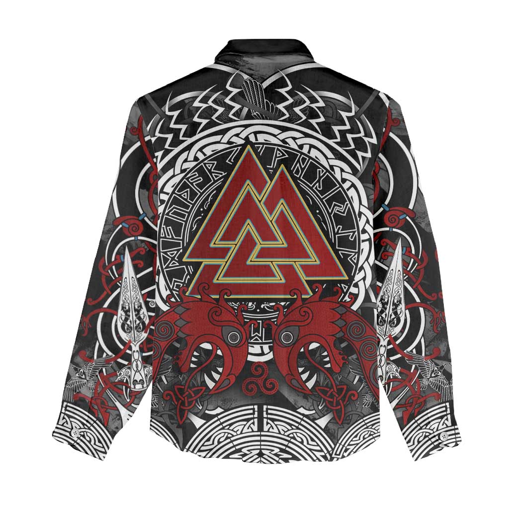 Viking Berserker and Valknut Norse Mythology Women Casual Shirt Red and Black Celtic Knotwork Art