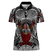 Viking Berserker and Valknut Norse Mythology Women Polo Shirt Red and Black Celtic Knotwork Art