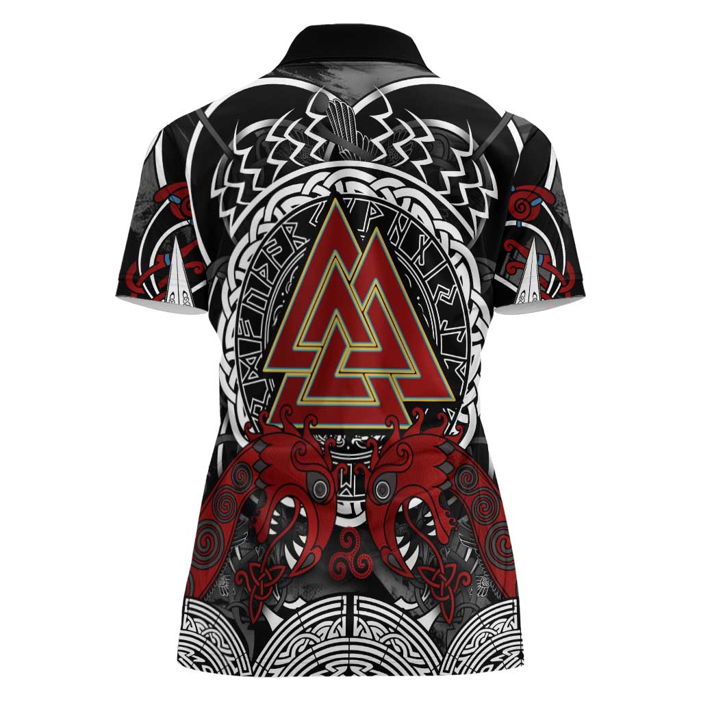 Viking Berserker and Valknut Norse Mythology Women Polo Shirt Red and Black Celtic Knotwork Art