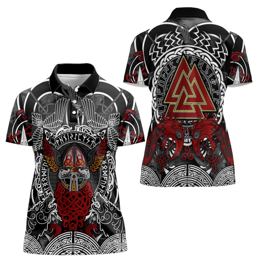 Viking Berserker and Valknut Norse Mythology Women Polo Shirt Red and Black Celtic Knotwork Art