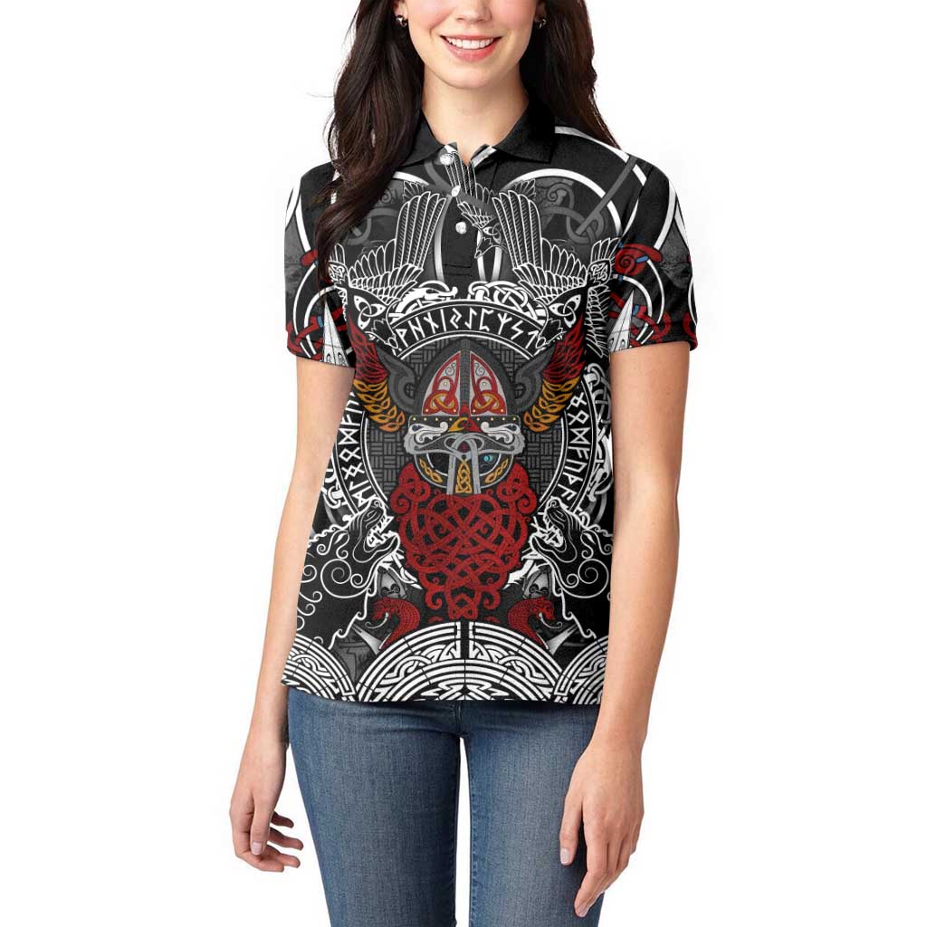 Viking Berserker and Valknut Norse Mythology Women Polo Shirt Red and Black Celtic Knotwork Art