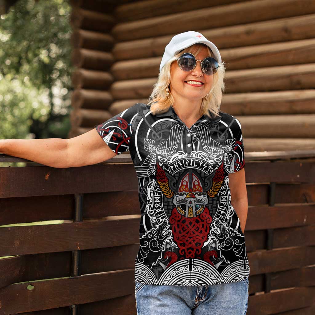 Viking Berserker and Valknut Norse Mythology Women Polo Shirt Red and Black Celtic Knotwork Art