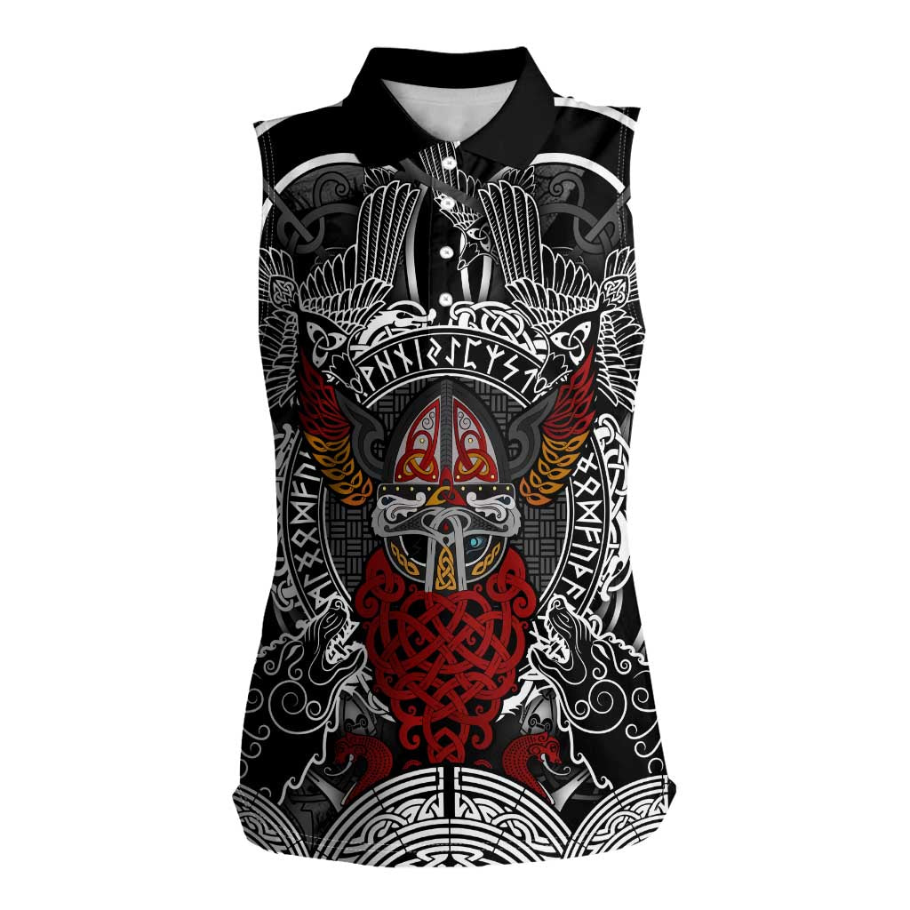 Viking Berserker and Valknut Norse Mythology Women Sleeveless Polo Shirt Red and Black Celtic Knotwork Art
