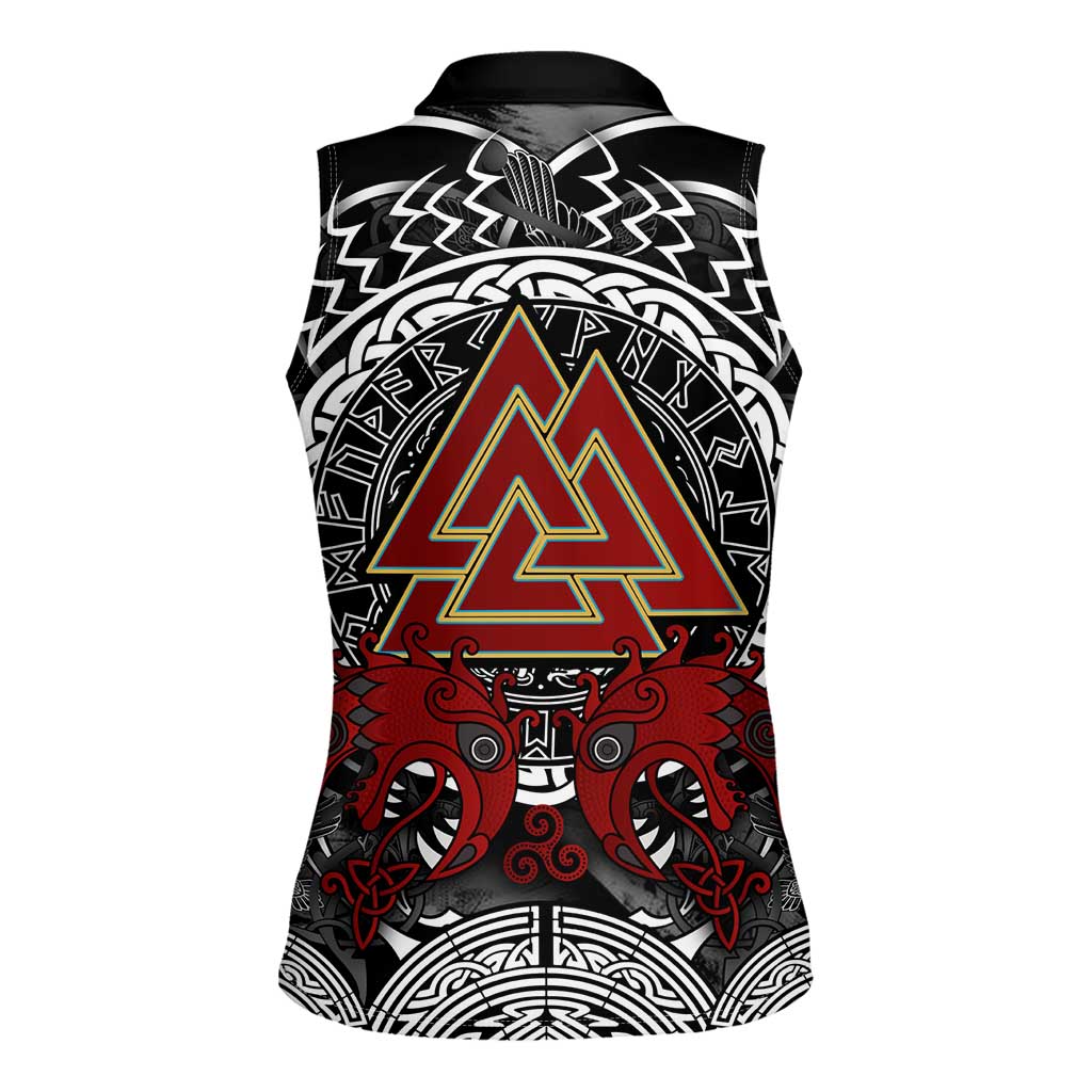 Viking Berserker and Valknut Norse Mythology Women Sleeveless Polo Shirt Red and Black Celtic Knotwork Art