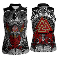 Viking Berserker and Valknut Norse Mythology Women Sleeveless Polo Shirt Red and Black Celtic Knotwork Art