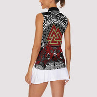 Viking Berserker and Valknut Norse Mythology Women Sleeveless Polo Shirt Red and Black Celtic Knotwork Art