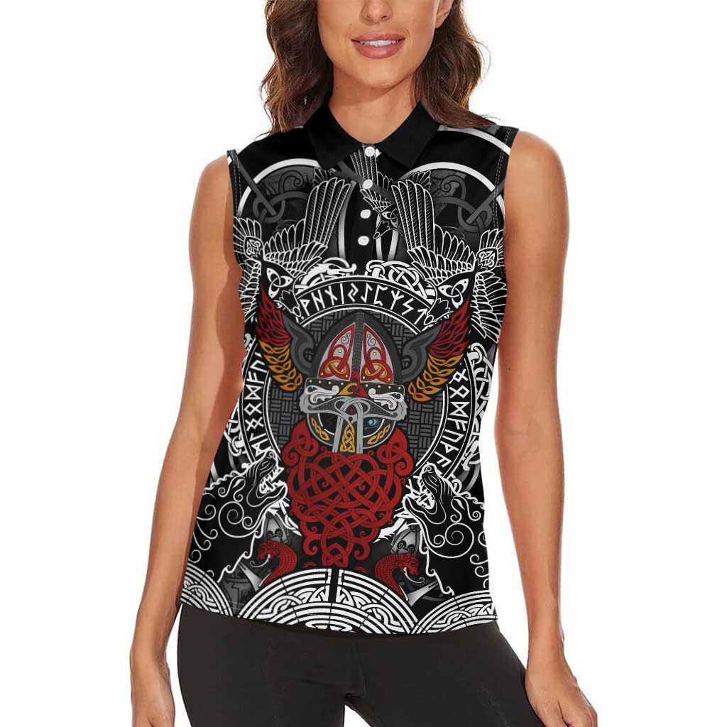 Viking Berserker and Valknut Norse Mythology Women Sleeveless Polo Shirt Red and Black Celtic Knotwork Art