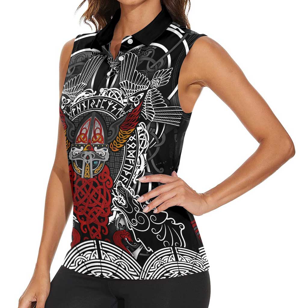 Viking Berserker and Valknut Norse Mythology Women Sleeveless Polo Shirt Red and Black Celtic Knotwork Art