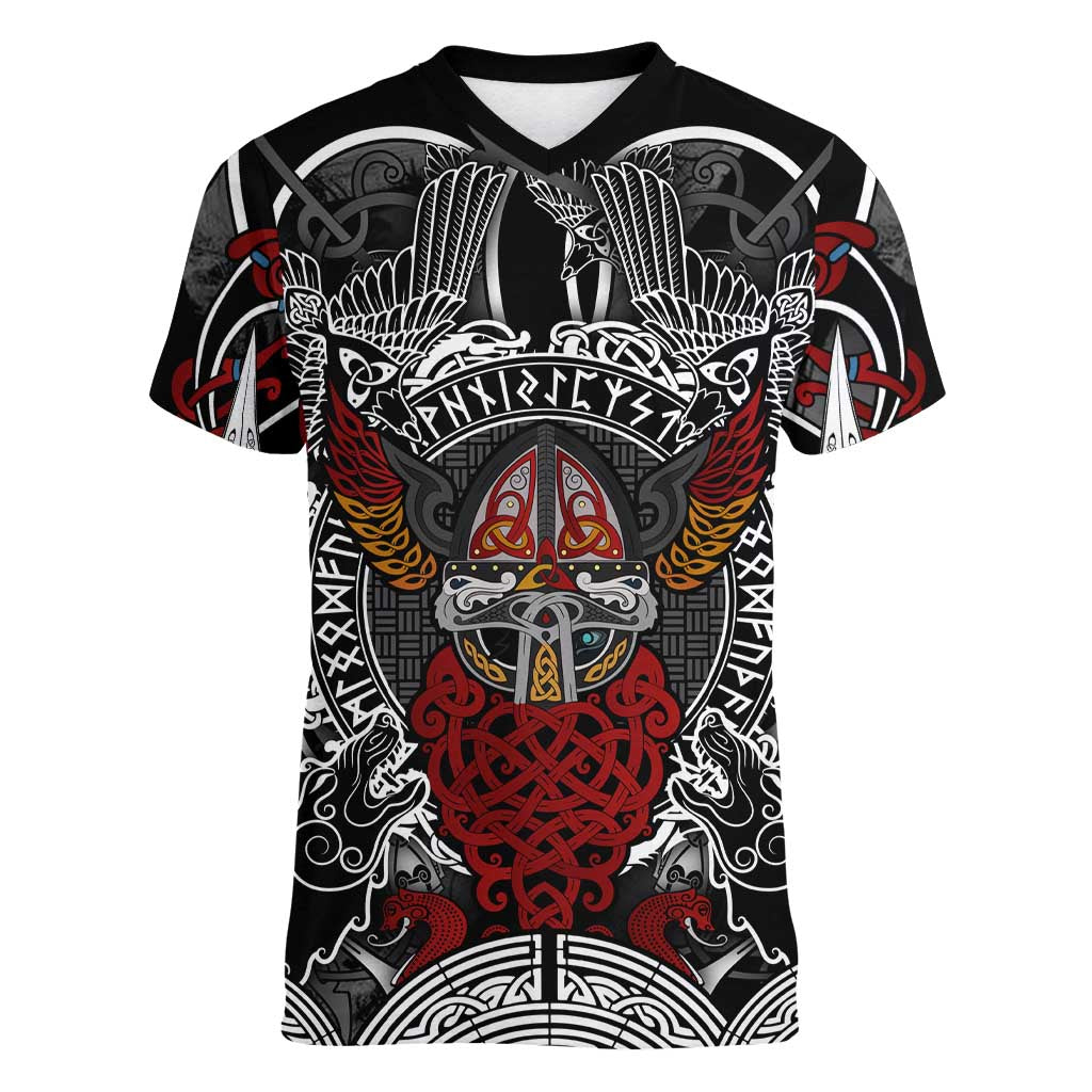Viking Berserker and Valknut Norse Mythology Women V-Neck T-Shirt Red and Black Celtic Knotwork Art