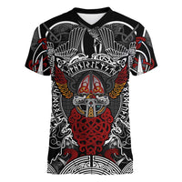 Viking Berserker and Valknut Norse Mythology Women V-Neck T-Shirt Red and Black Celtic Knotwork Art