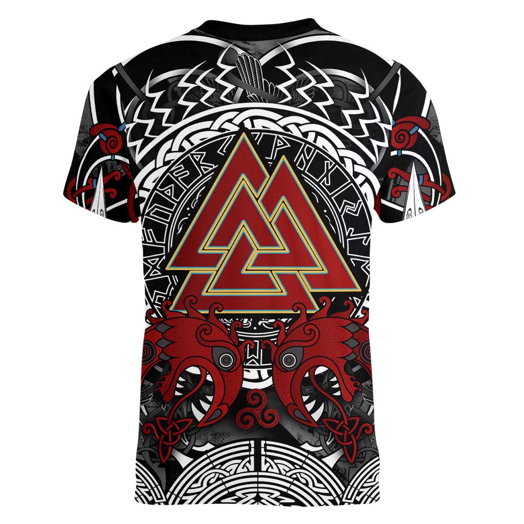 Viking Berserker and Valknut Norse Mythology Women V-Neck T-Shirt Red and Black Celtic Knotwork Art