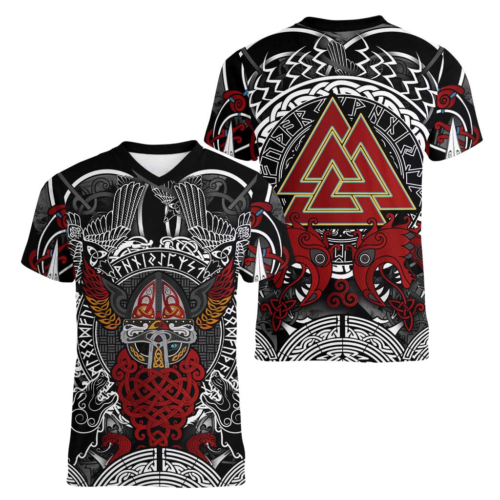Viking Berserker and Valknut Norse Mythology Women V-Neck T-Shirt Red and Black Celtic Knotwork Art