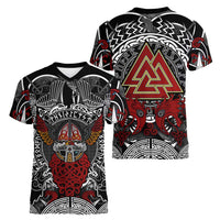 Viking Berserker and Valknut Norse Mythology Women V-Neck T-Shirt Red and Black Celtic Knotwork Art