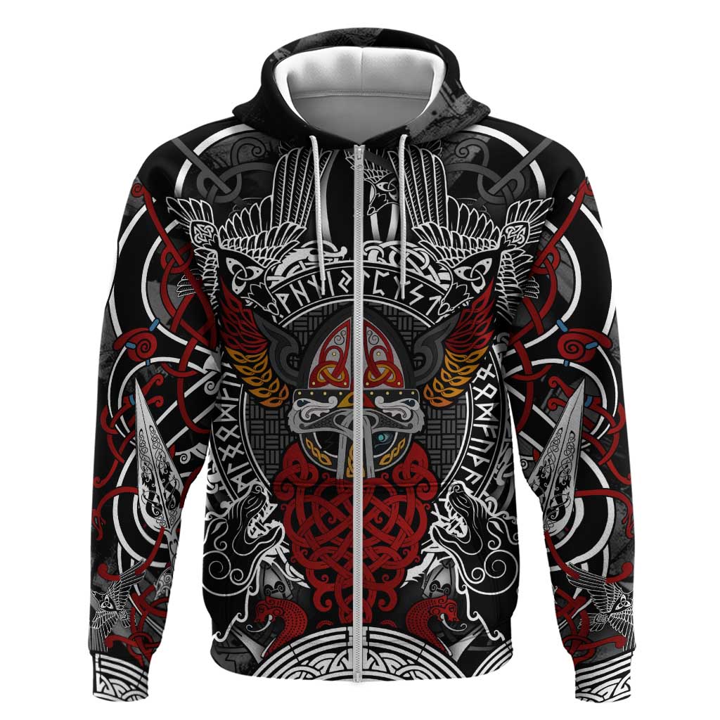 Viking Berserker and Valknut Norse Mythology Zip Hoodie Red and Black Celtic Knotwork Art