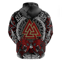 Viking Berserker and Valknut Norse Mythology Zip Hoodie Red and Black Celtic Knotwork Art
