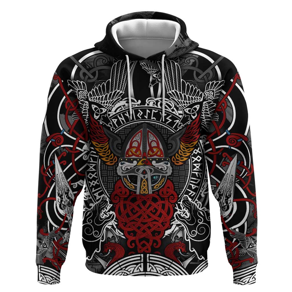 Viking Berserker and Valknut Norse Mythology Zip Hoodie Red and Black Celtic Knotwork Art