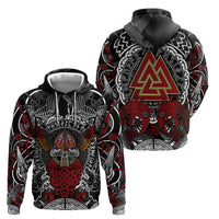 Viking Berserker and Valknut Norse Mythology Zip Hoodie Red and Black Celtic Knotwork Art
